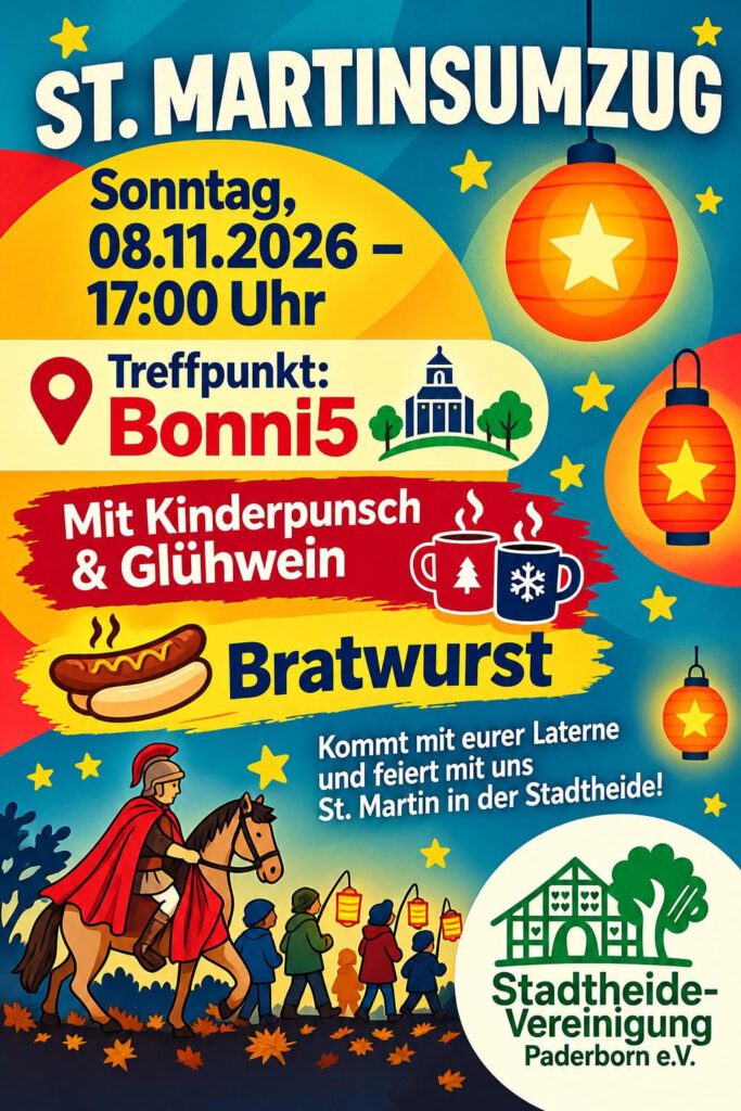 Der St. Martinsumzug 2026 durch die Stadtheide startet am 08.11.2026 um 17:00 Uhr ab dem Treffpunkt Bonifatiusweg 5 in Paderborn